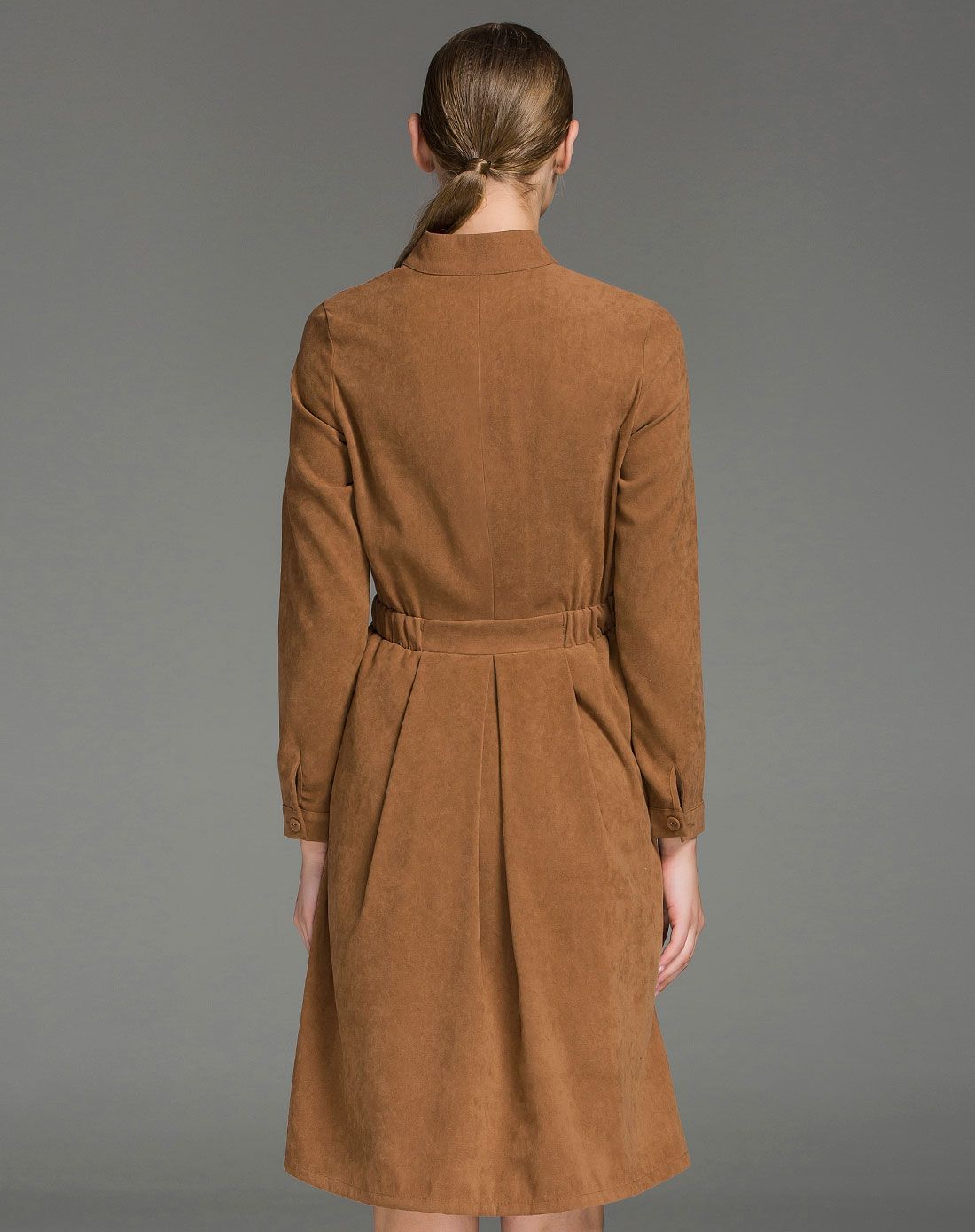 (特惠)棕色立领单排扣复古修身连衣裙