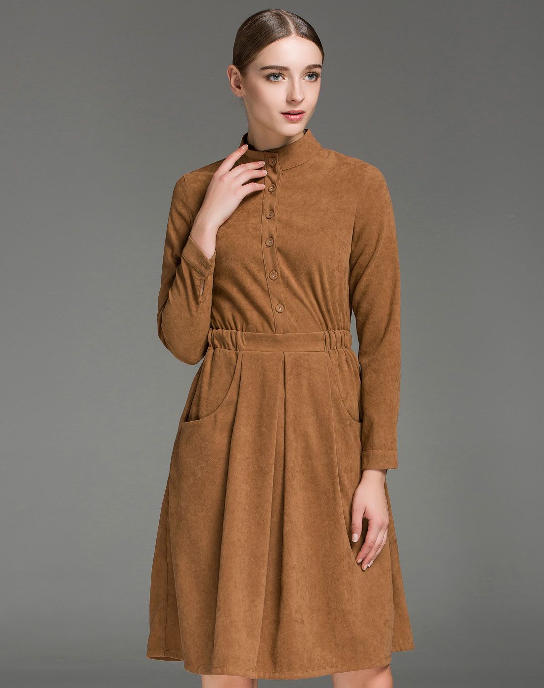 (特惠)棕色立领单排扣复古修身连衣裙