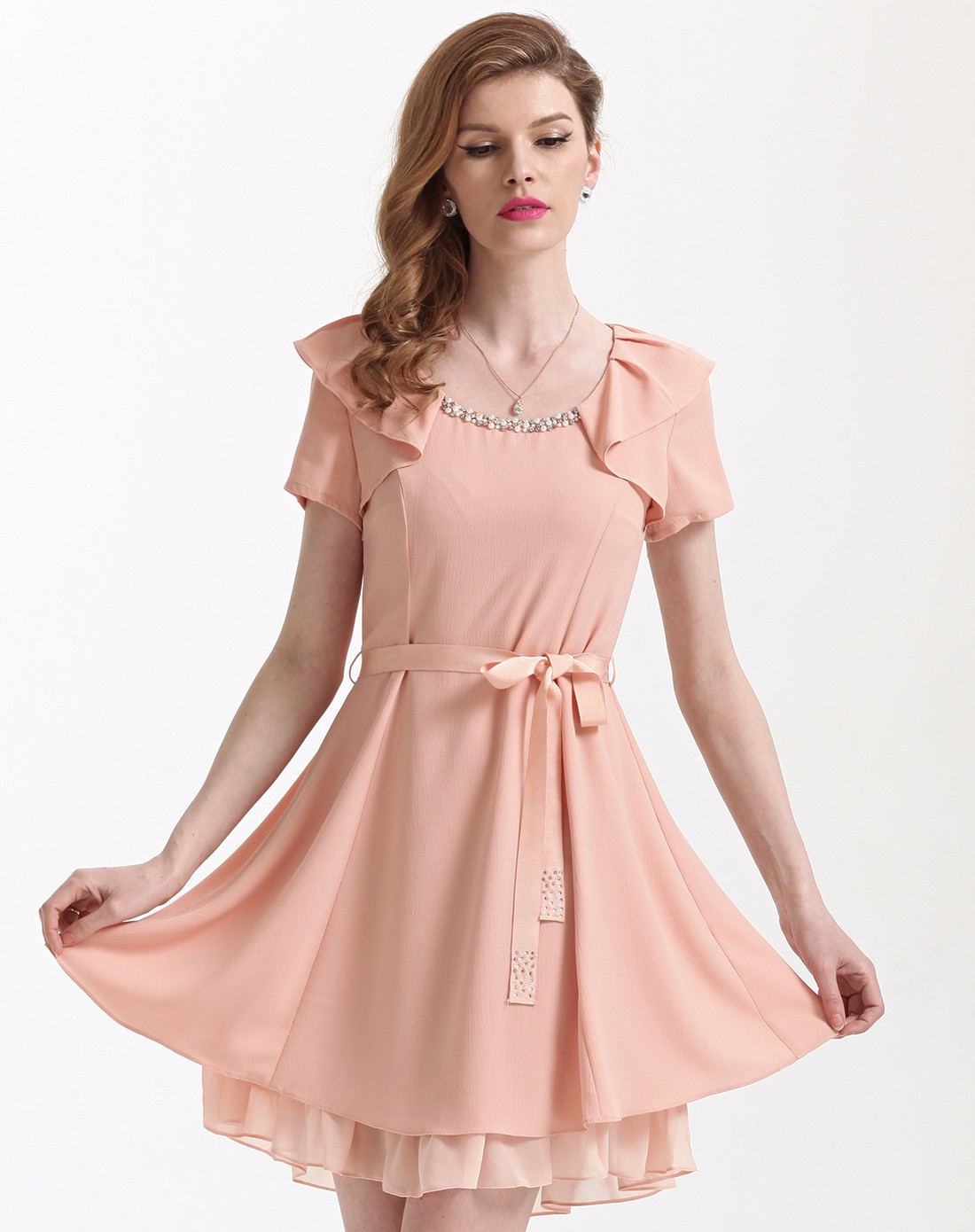 皮粉色荷叶袖纯色雪纺连衣裙