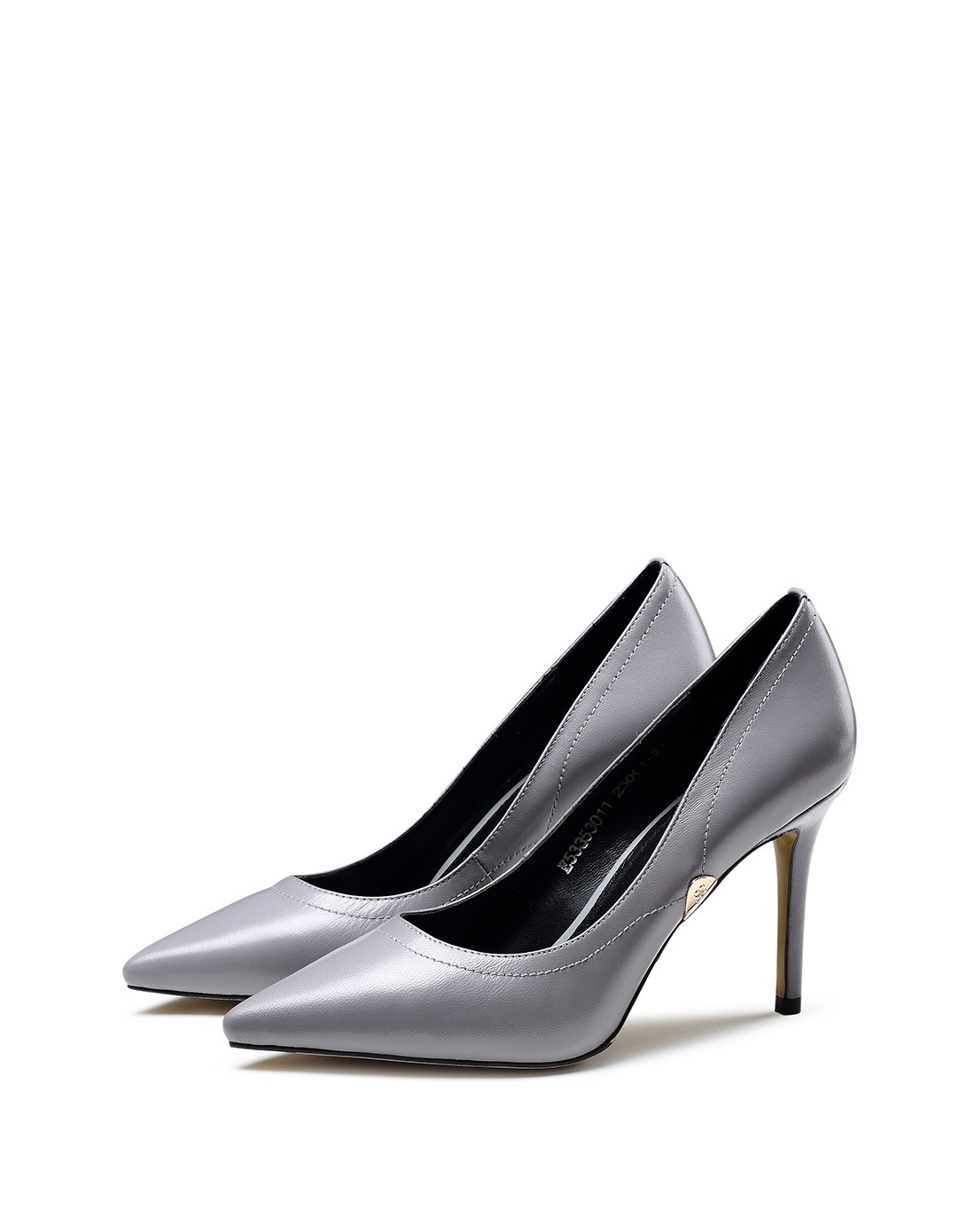 新款灰色真皮优雅细跟单鞋