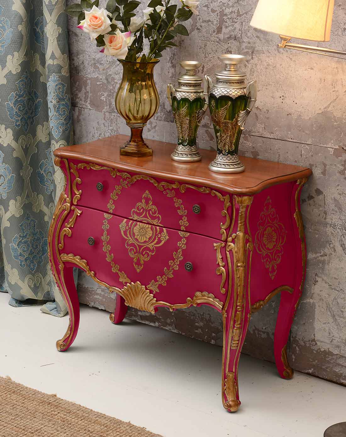洛可可雕花手绘玄关柜-桃红色