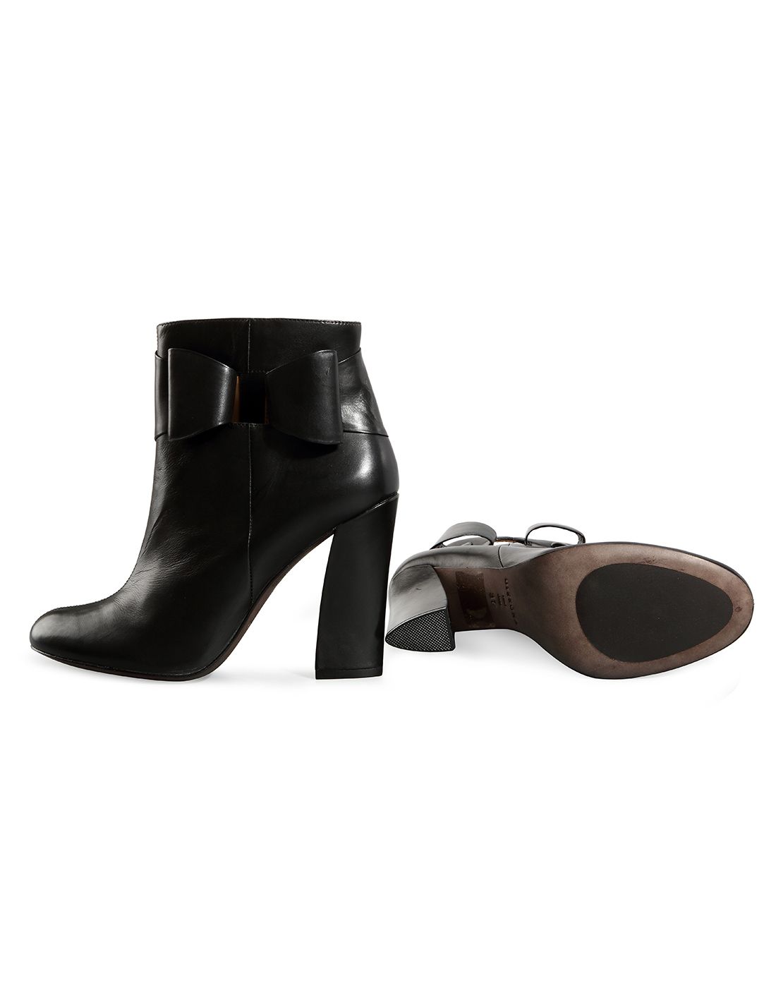 黑色胎牛皮靴口大蝴蝶结装饰简约粗跟短靴