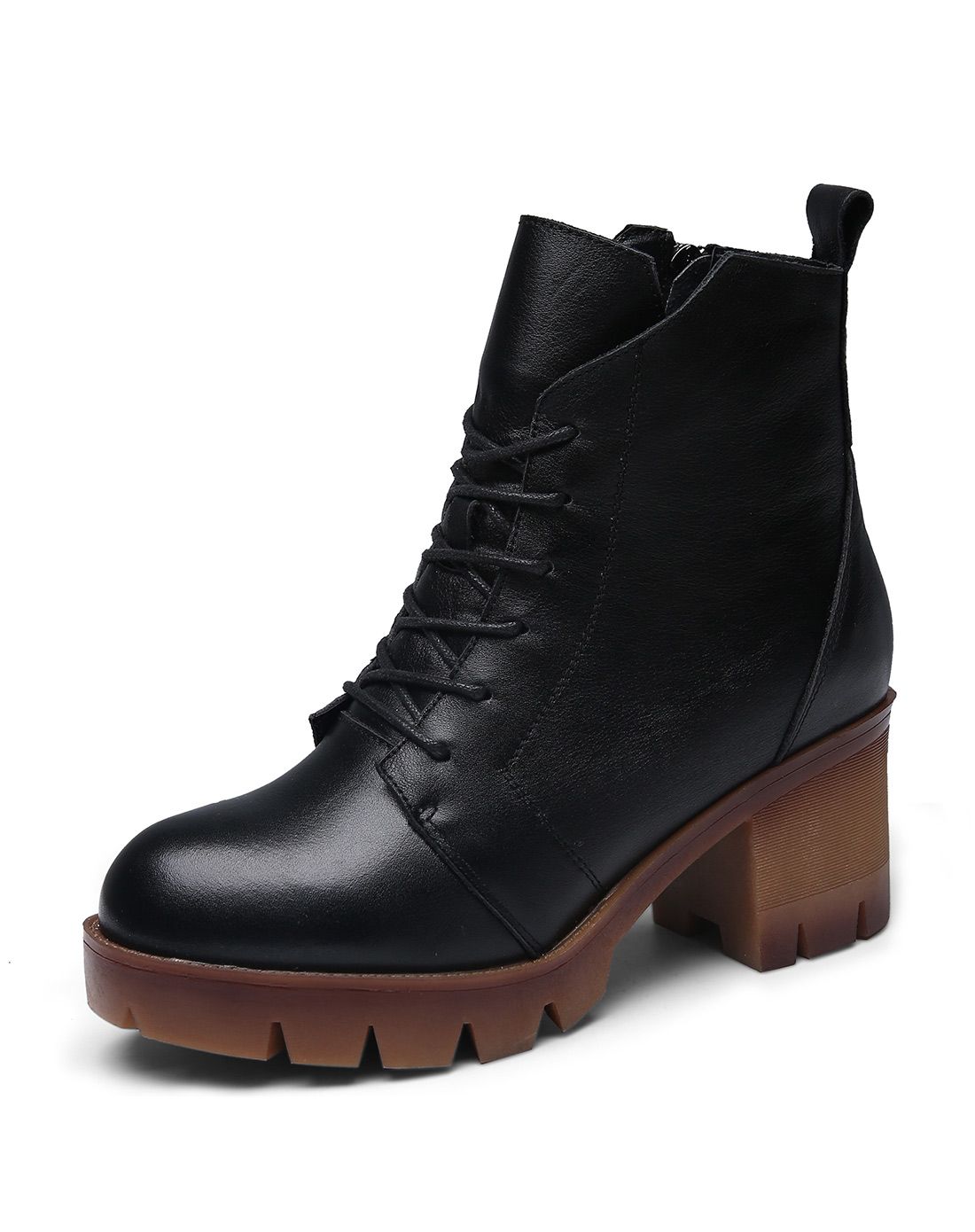 女款黑色头层牛皮时尚粗跟马丁靴