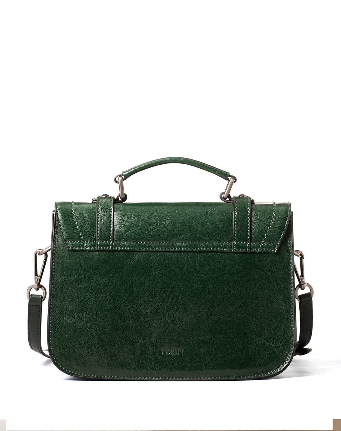 墨绿色复古牛皮邮差包翻盖单肩斜挎包