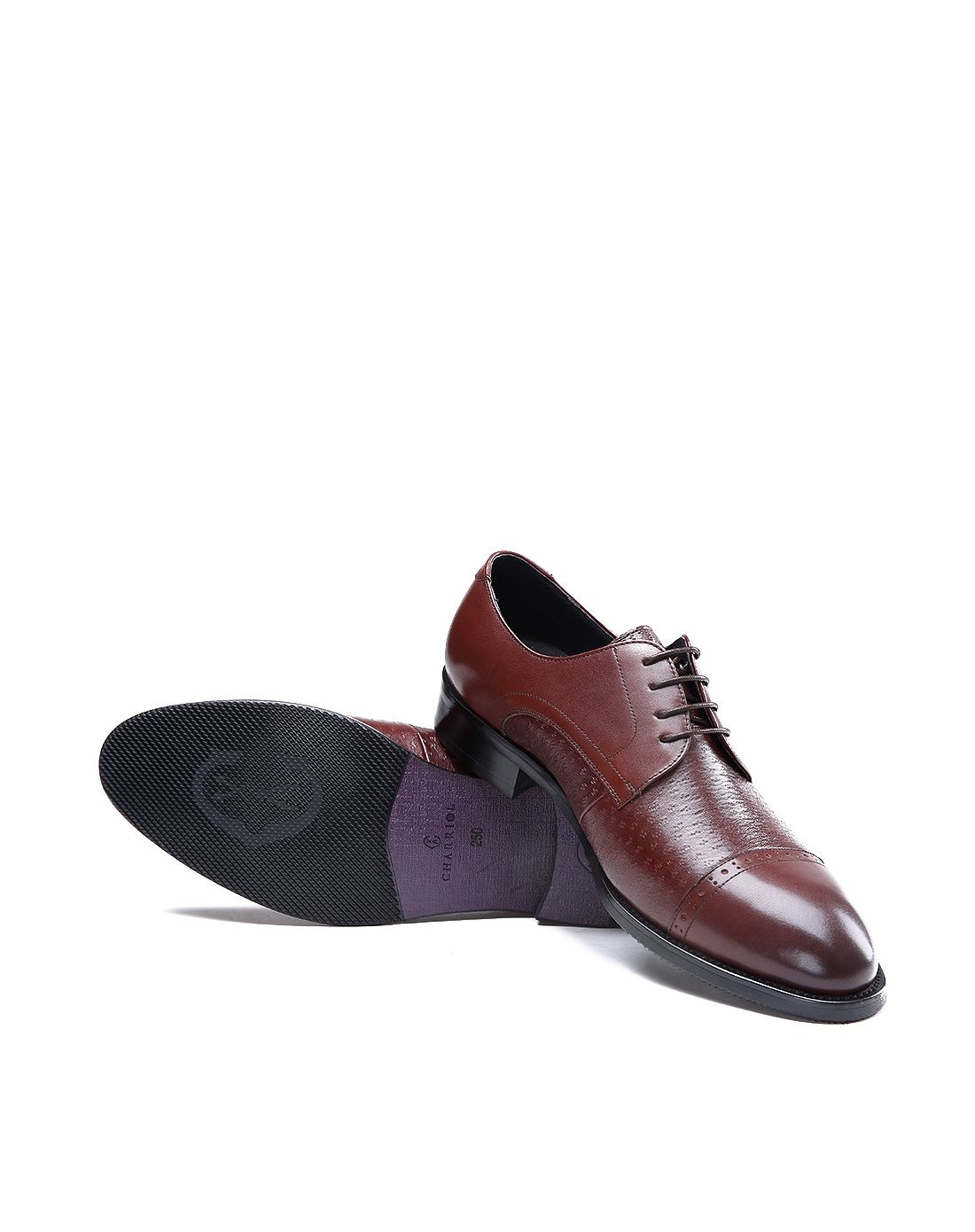 夏利豪charriol早秋新品 浅棕色压花纹牛皮商务正装皮鞋9w02305_唯品