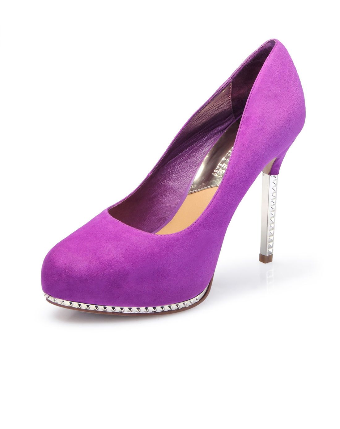 真适意紫色马卡龙色铆钉防水台羊皮绒面单鞋