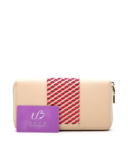 达芙妮软面网纹撞色长款米色钱包