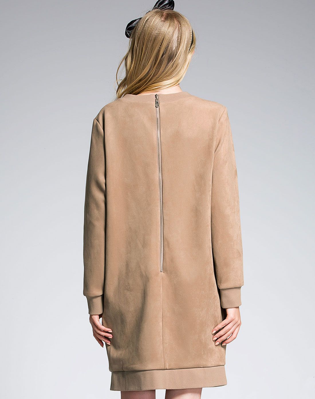 (特惠)深杏色圆领长袖知性优雅连衣裙