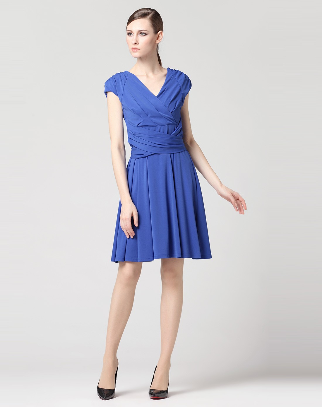 群青色优雅干练简约短袖连衣裙