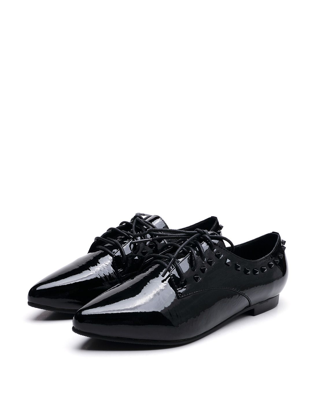 莱斯佩斯laspampas黑色牛漆皮饰铆钉系带低跟深口单鞋r581711-21_唯品