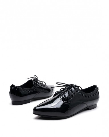 莱斯佩斯laspampas黑色牛漆皮饰铆钉系带低跟深口单鞋r581711-21_唯品