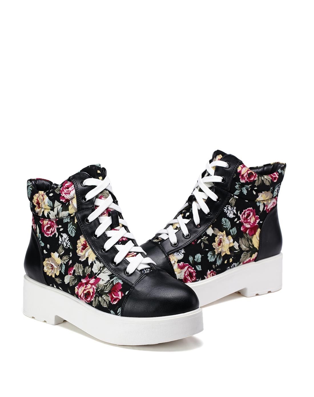 卓诗尼josiny鞋包黑色休闲风拼色圆头系带女靴14427606401_唯品会