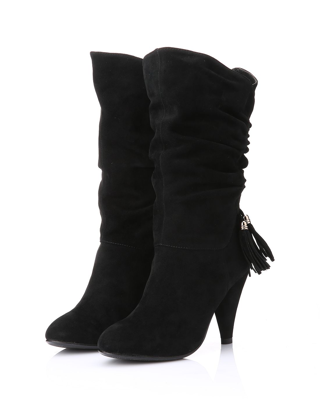 皱褶流苏羊反绒皮尖跟黑色中筒靴