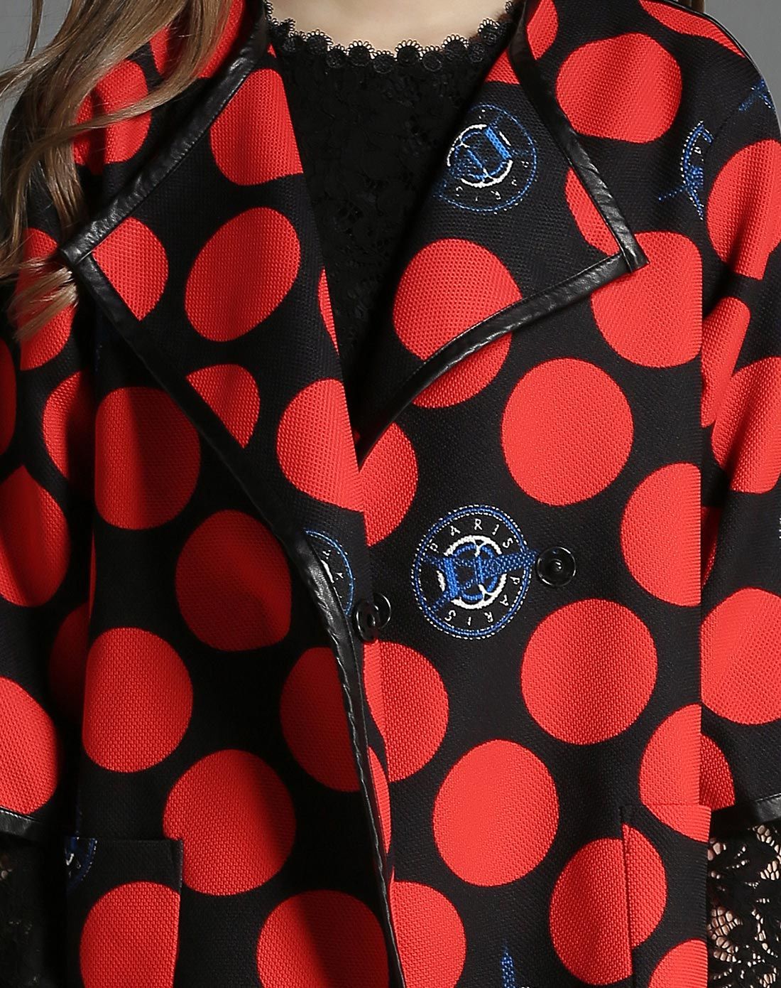 花色时尚加厚波点印花皮包边外套