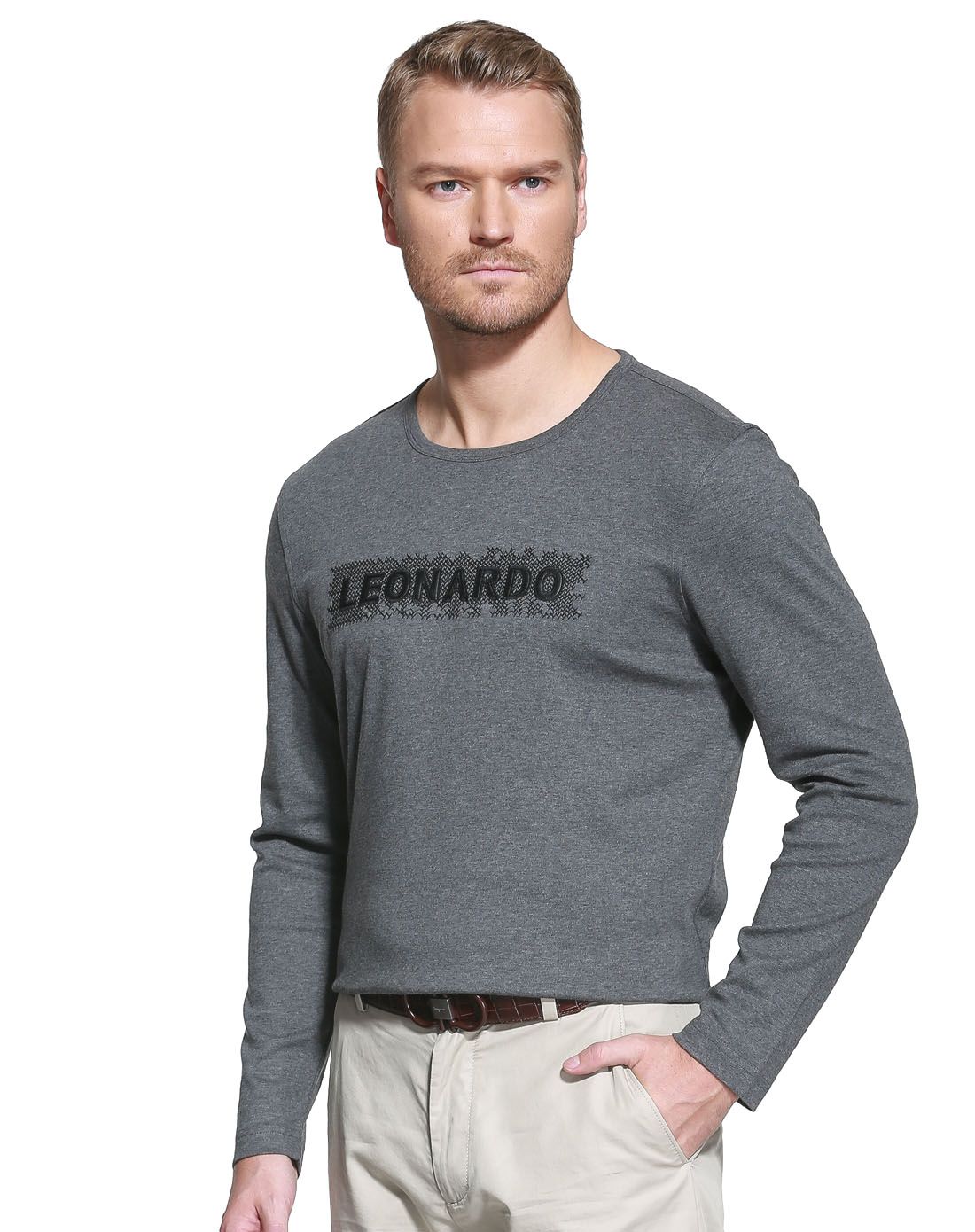 利奥纳多leonardo男装专场 深灰拼皮时尚圆领磨毛长袖t恤