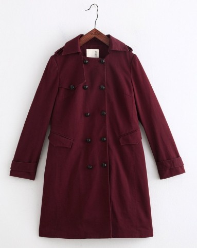 深枣红polo领双排扣长款女风衣