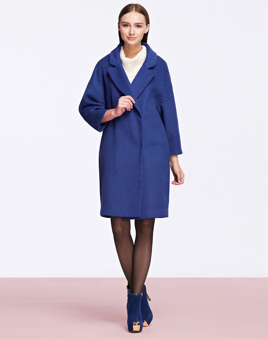 (特惠)宝蓝色双排扣呢子大衣毛呢外套