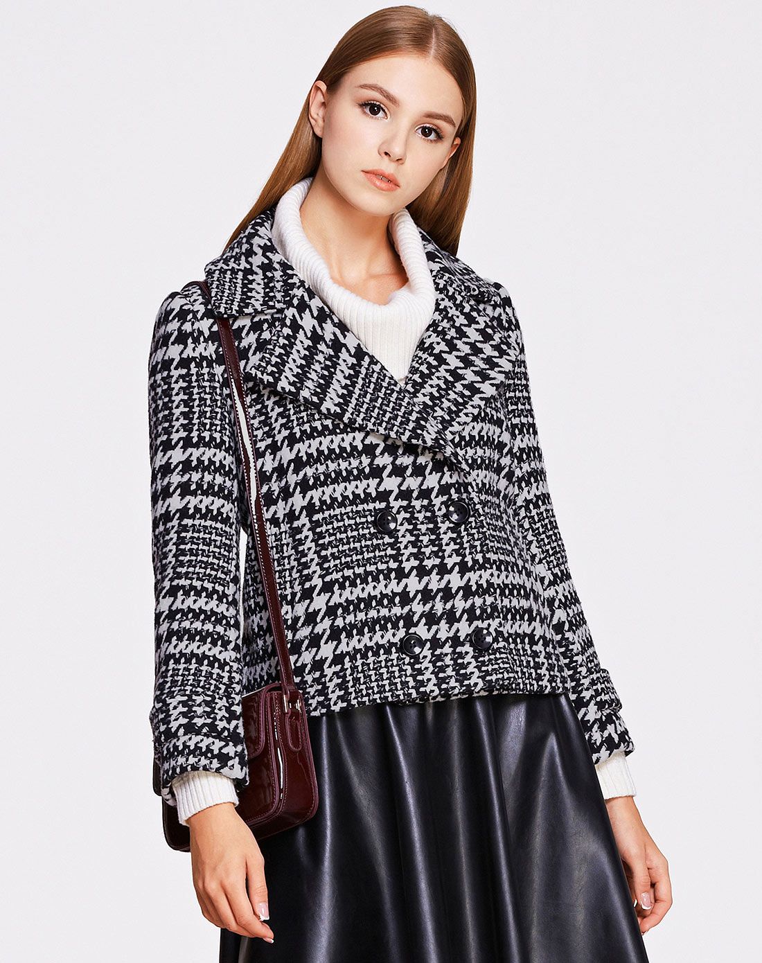 黑色千鸟格口袋毛呢外套