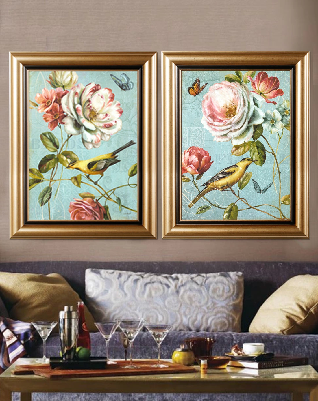 欧美田园风两联组合装饰画(花鸟图)