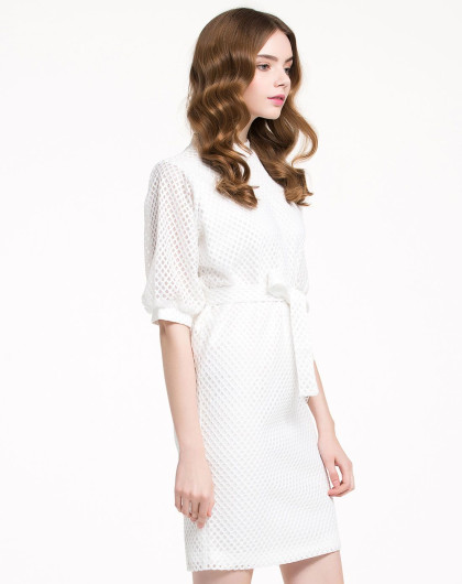 麦夕mocci白色五分灯笼袖立领格纹欧美修身连衣裙md85009887_唯品会