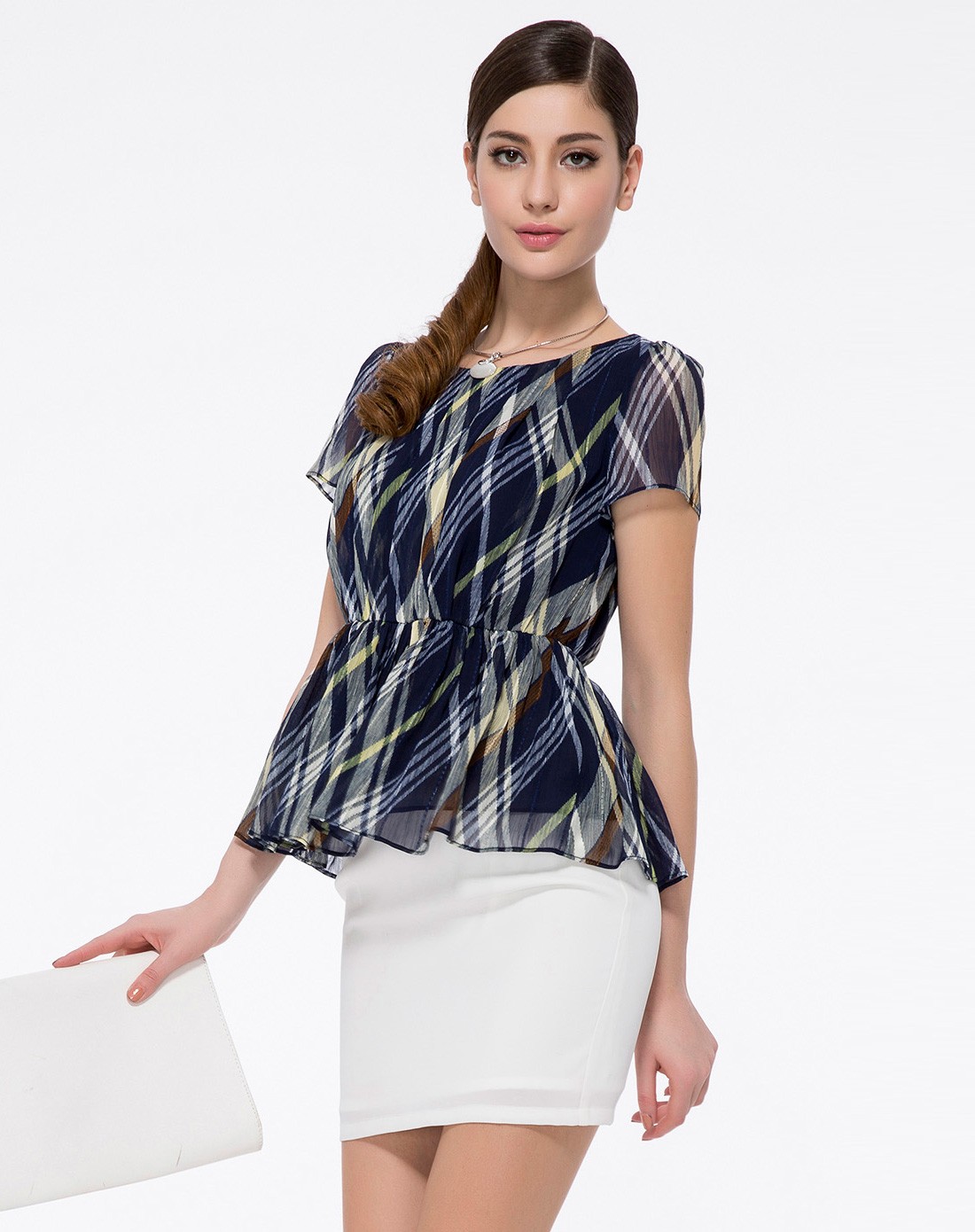 欧莎蓝色雪纺格子衬衫sc4810046000a_唯品会