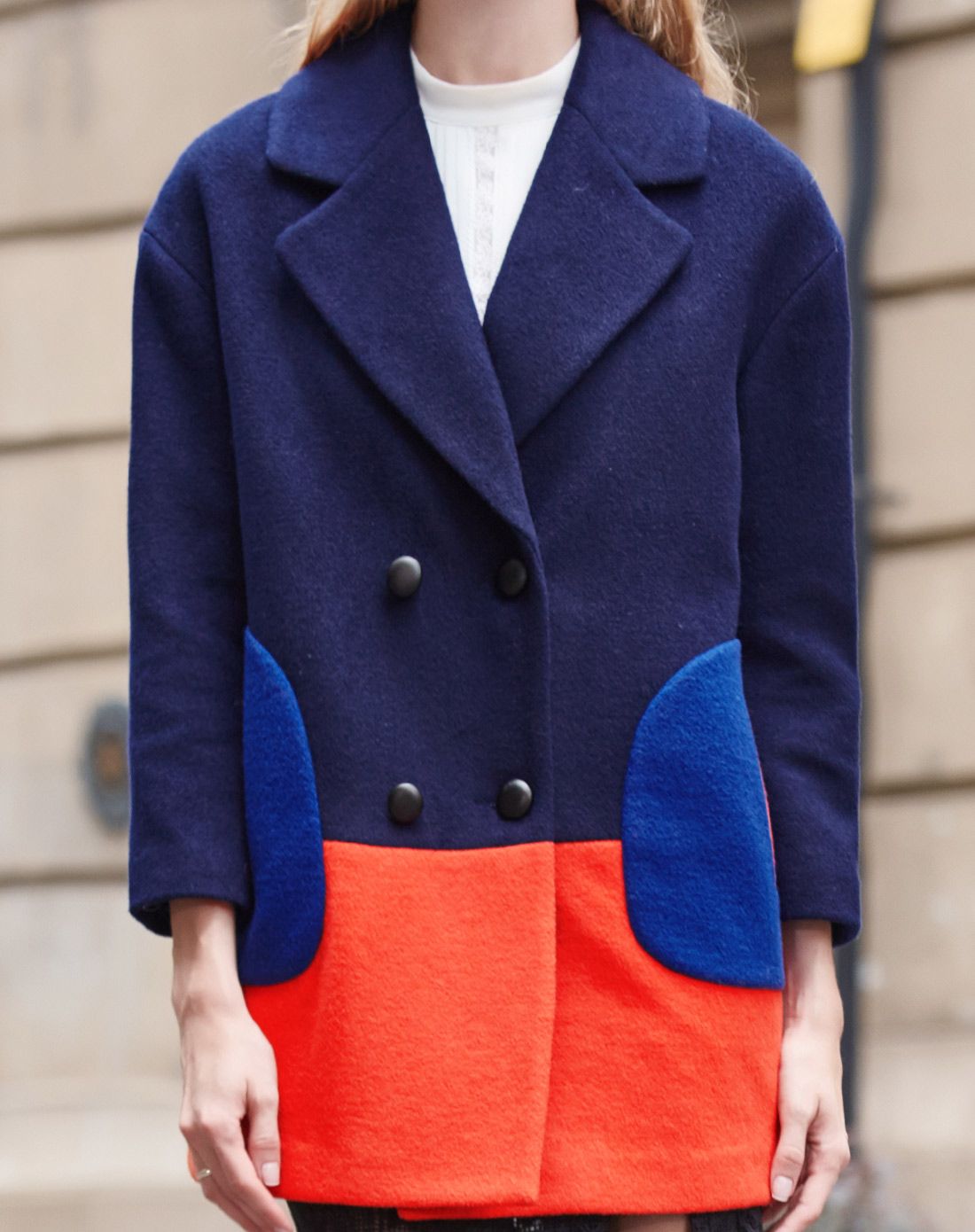 尚都比拉sentubila藏蓝色多色拼接新潮双排扣毛呢外套