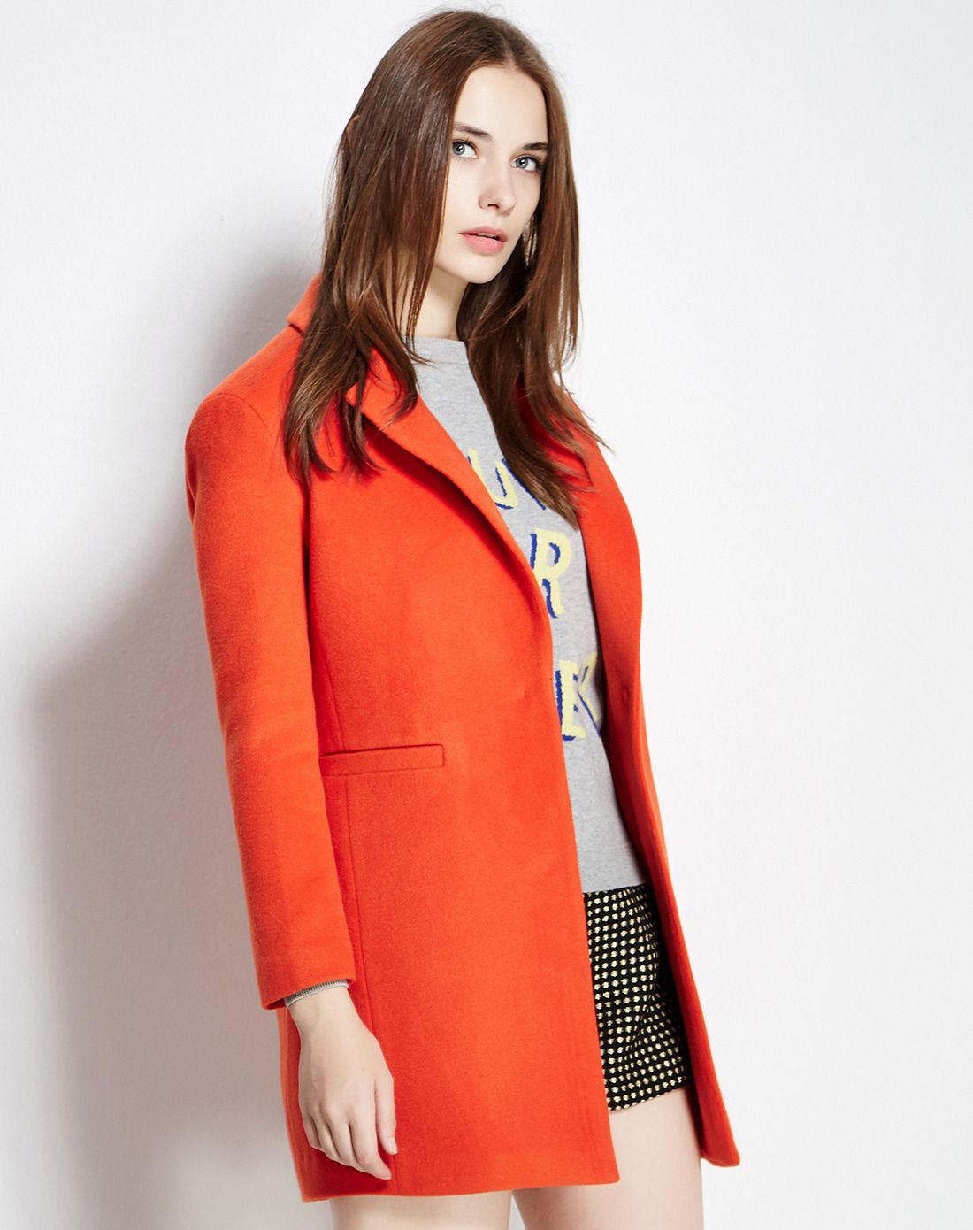 橘红色时尚甜美毛呢大衣外套