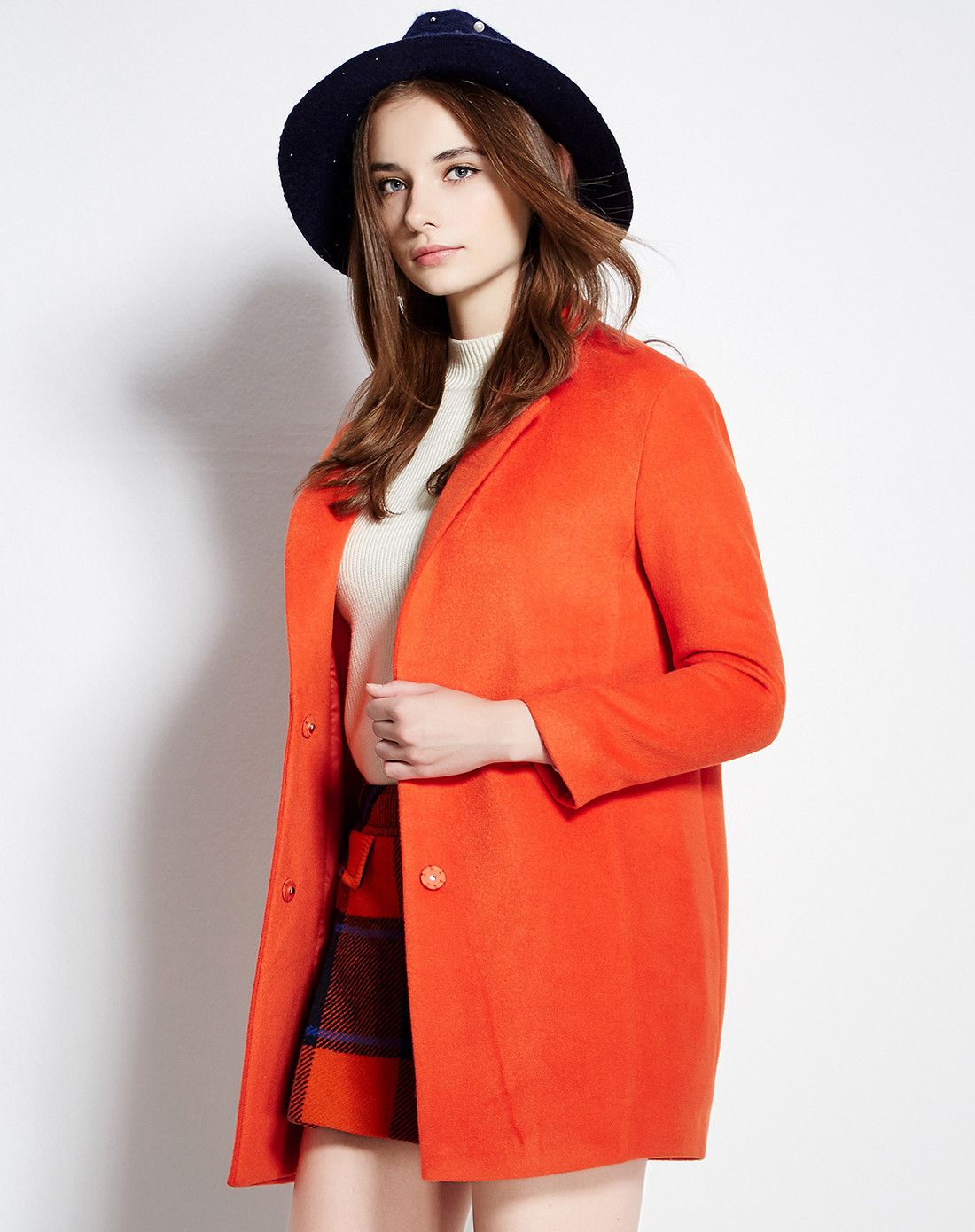橘红色时尚甜美毛呢大衣外套