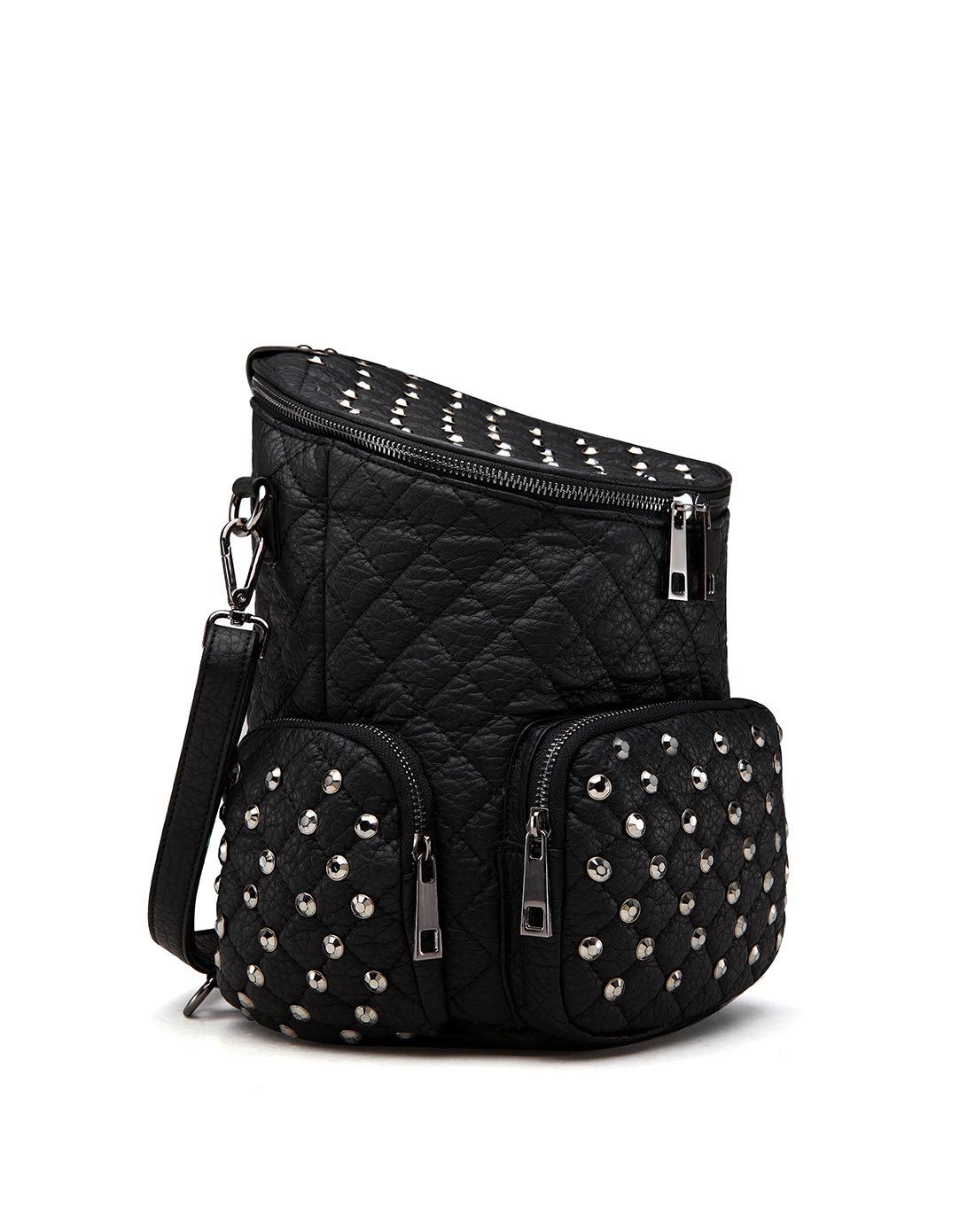 黑色镶钻荔枝纹复古圆筒双肩女包