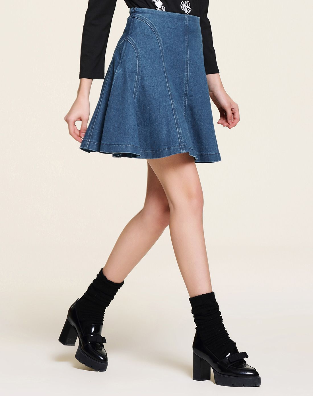 (2016春)深蓝色线形分割牛仔半身裙