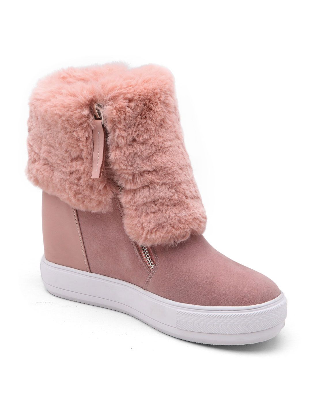 粉色简约优雅双拉链毛毛内增高短靴