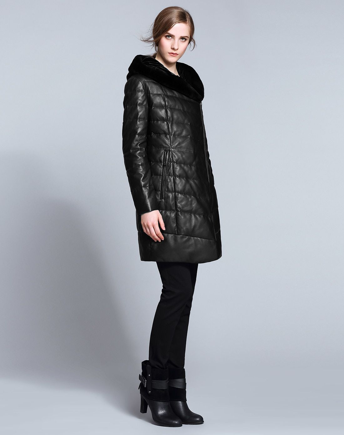 卡雷尔cerel vogue皮衣专场黑色简约修身时尚长袖长款皮羽绒服2e