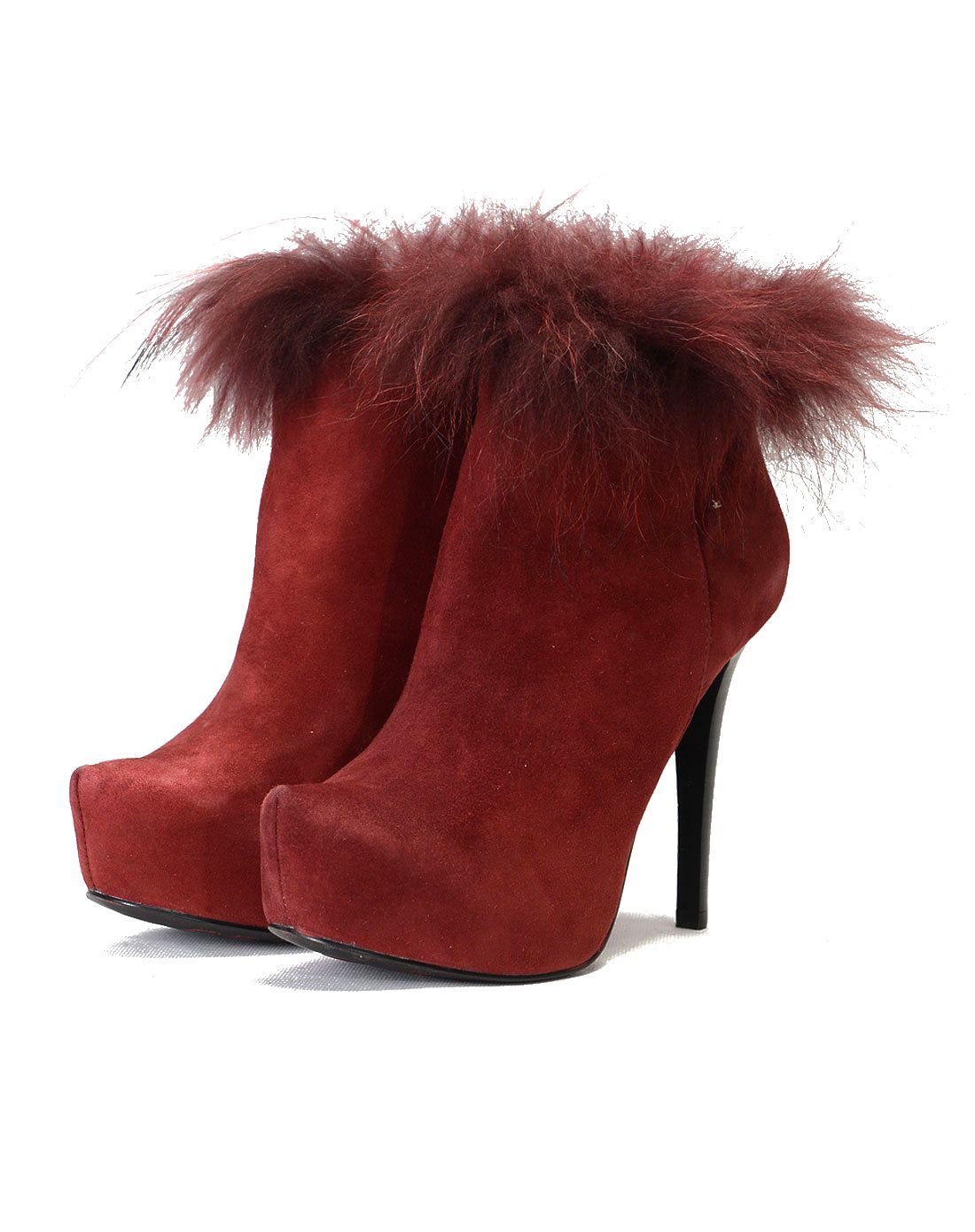 头层酒红色羊正绒/酒红色狐狸毛尖圆头时尚/优雅矮靴