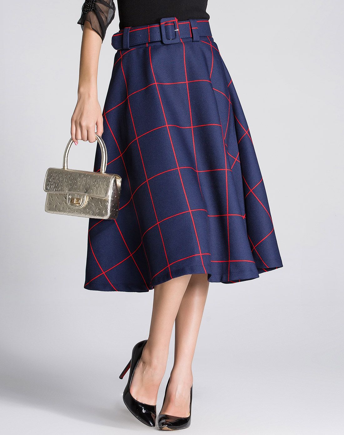蓝色格子收腰a摆中长款格子裙