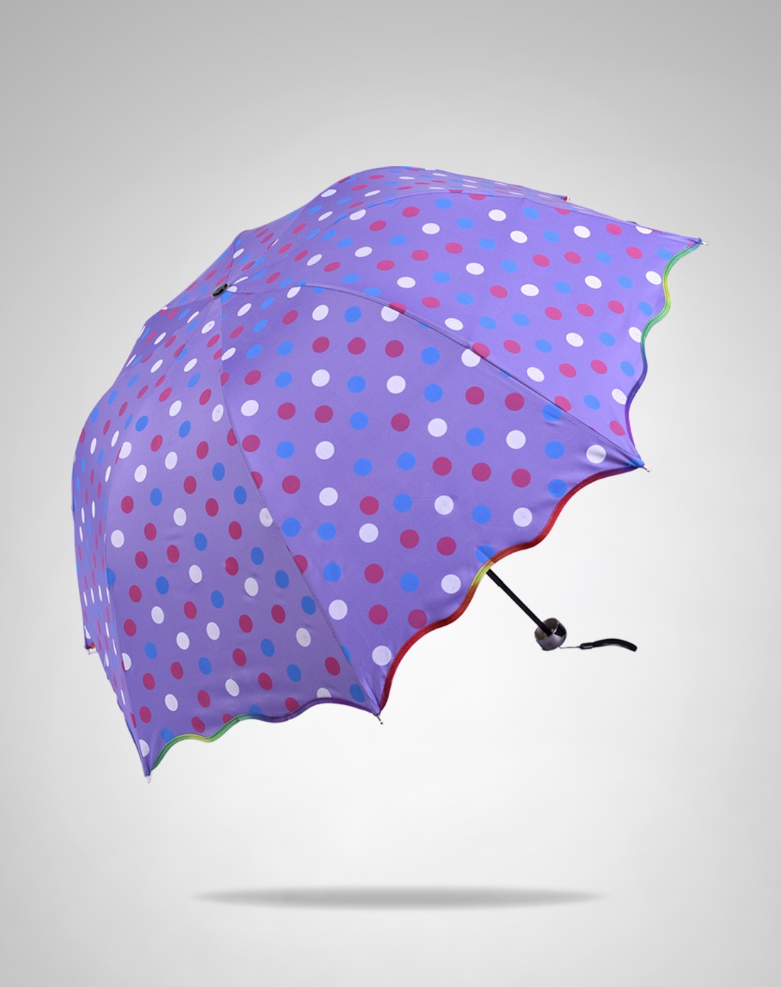耐用防紫外线缤纷波点三折银胶晴雨伞