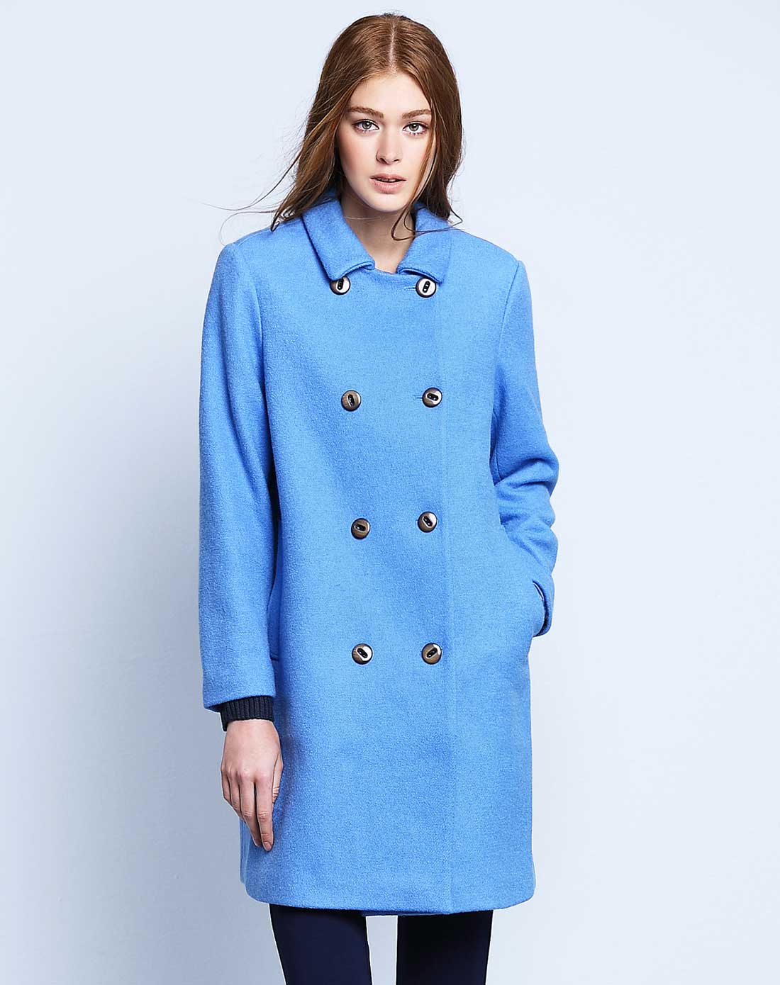 浅蓝色中长款修身毛呢大衣外套