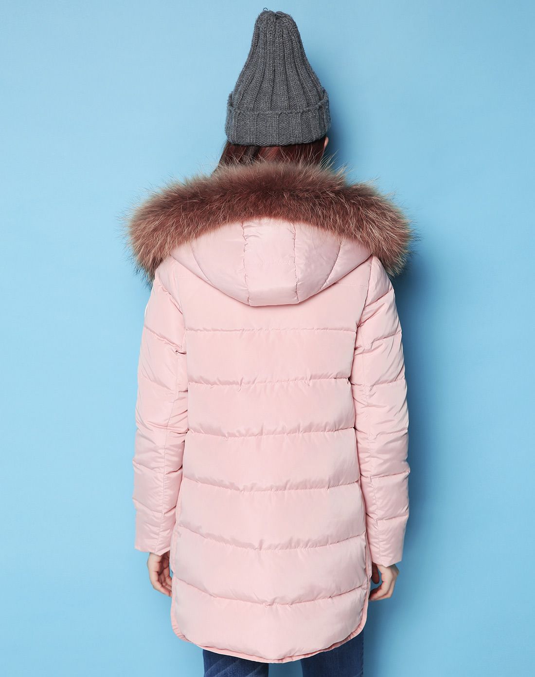 puella 浅粉真毛领中长款羽绒服