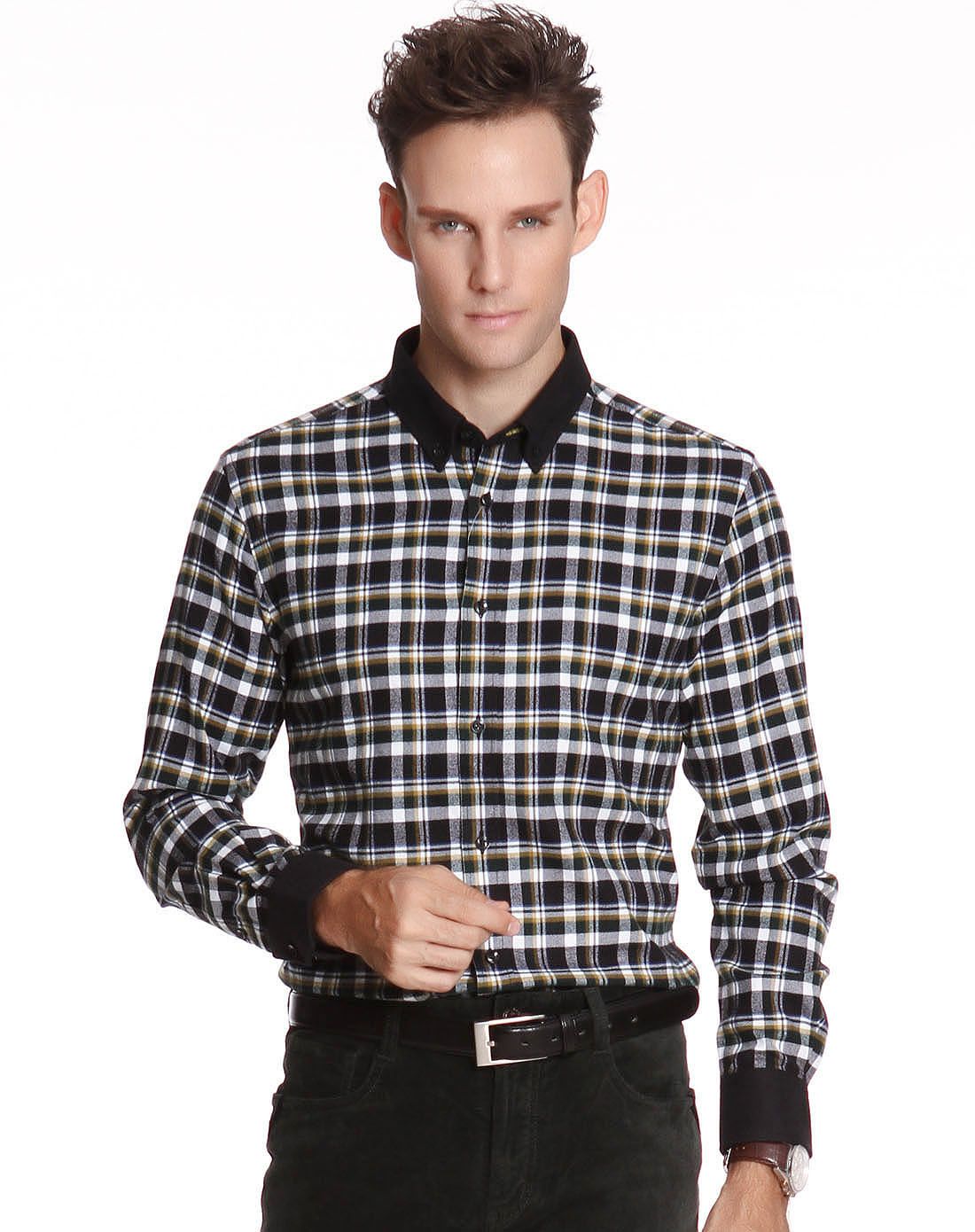 利奥纳多leonardo男装反季专场黑绿中格撞色领磨毛休闲长衬accb