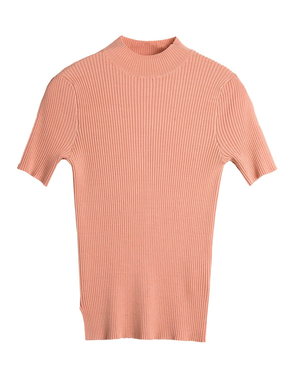 肉粉色复古半高领短袖针织衫