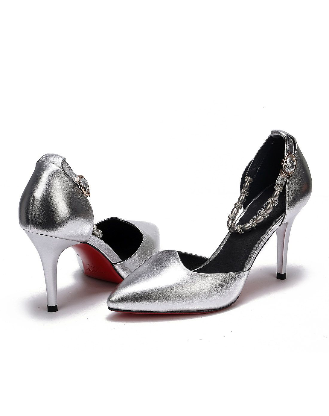 银色金属牛皮曲线流线型鞋口串珠绣后包鞋