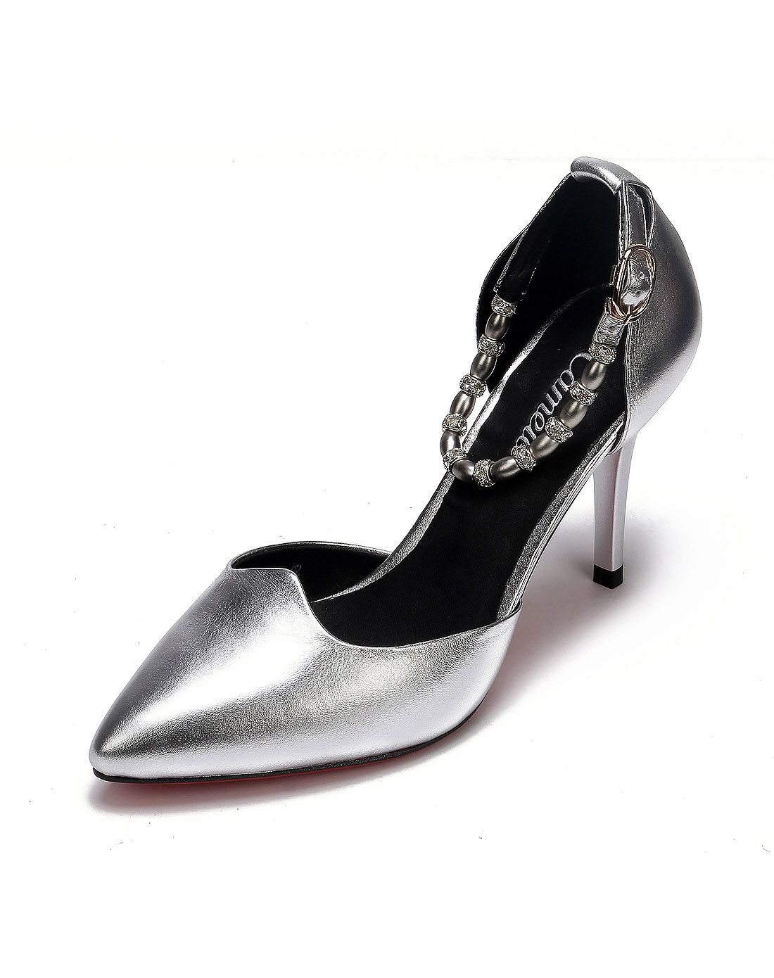 银色金属牛皮曲线流线型鞋口串珠绣后包鞋