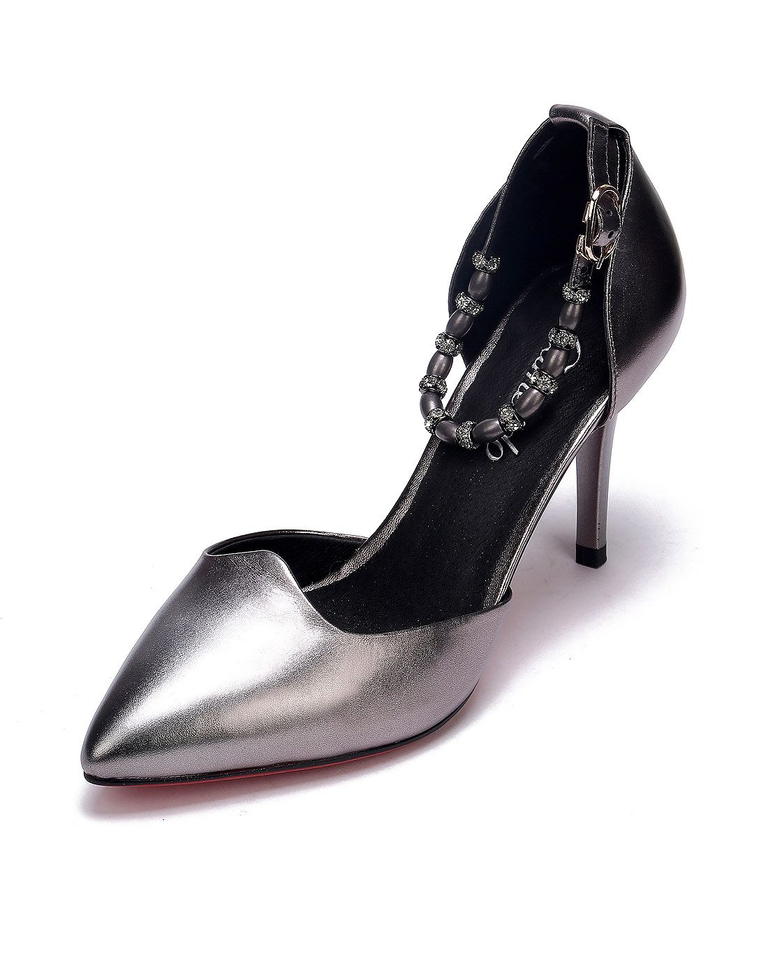 2016年新品欧美时尚枪色金属牛皮革曲线流线型鞋口串珠绣后包鞋