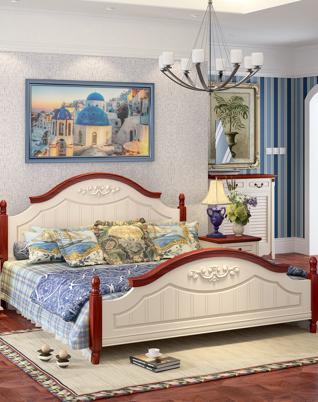 巨宝家具专场1.2米地中海实木雕花荷花白双人床mr-ba9902e_唯品会