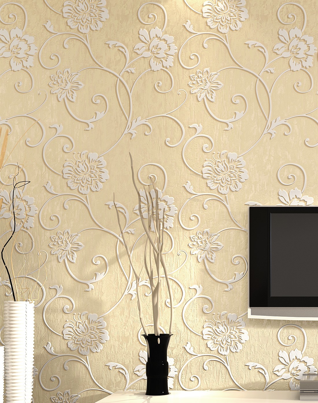 象牙色立体浮雕3d欧式简约风格壁纸