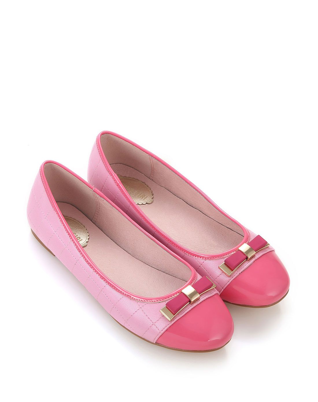桃粉色-猪皮内里拼色-鞋蝴蝶结平底鞋
