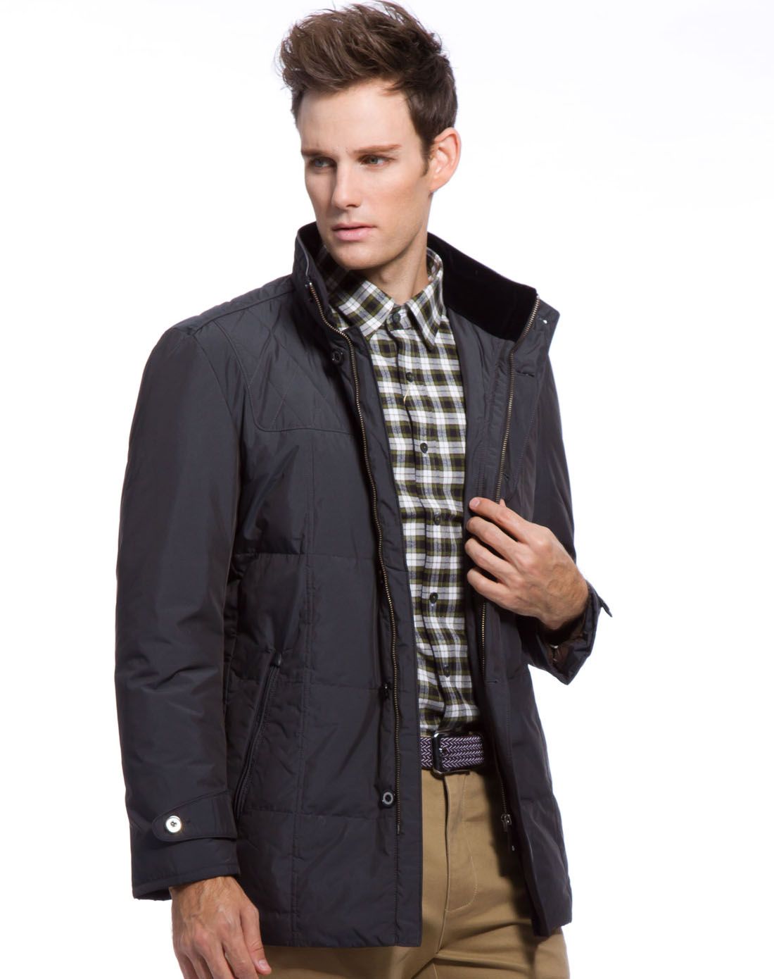 利奥纳多leonardo男装专场 深灰色立领纽扣拉链中长款羽绒服