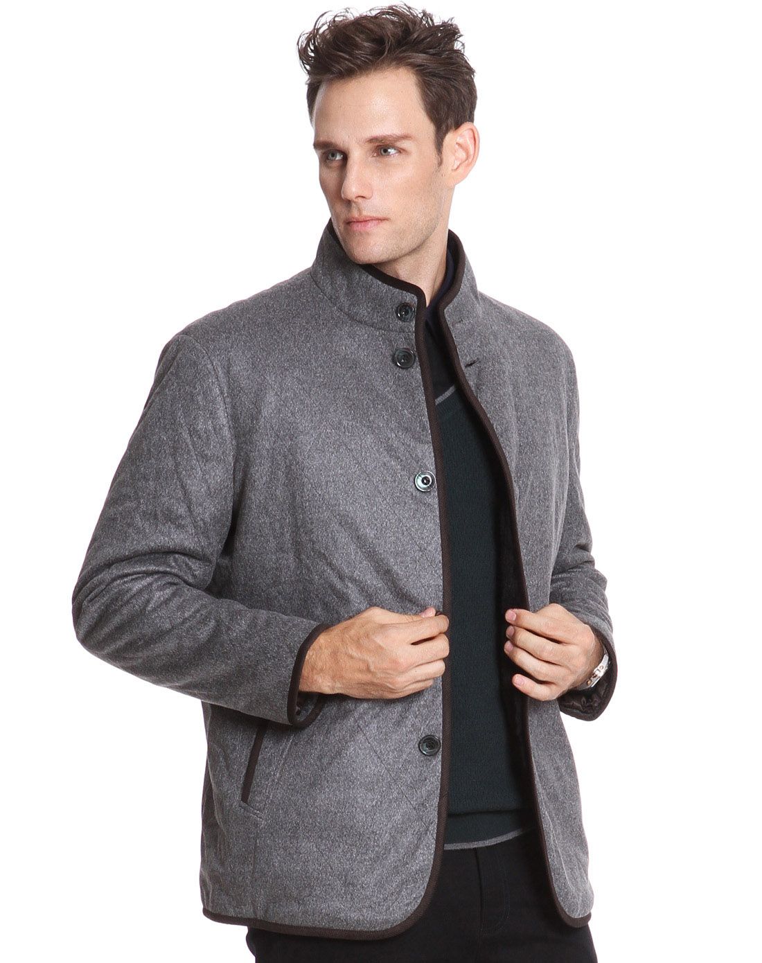 利奥纳多leonardo男装反季专场花灰色全兔毛内胆立领纽扣款尼克服ljk