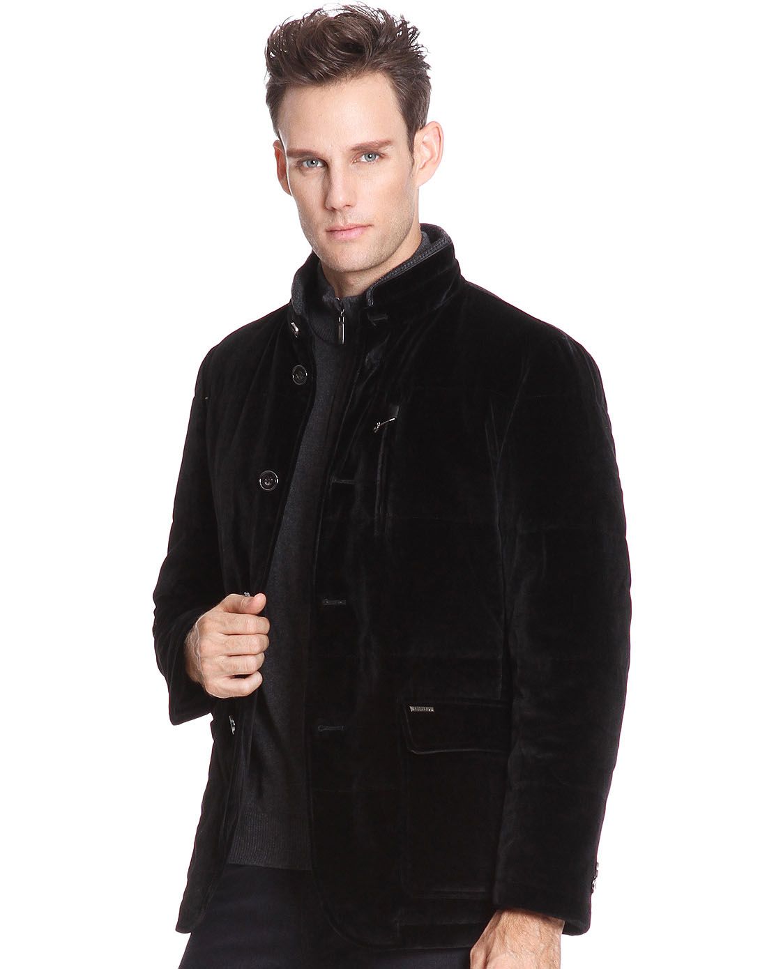 黑色灯芯绒拼针织立领纽扣款羽绒服