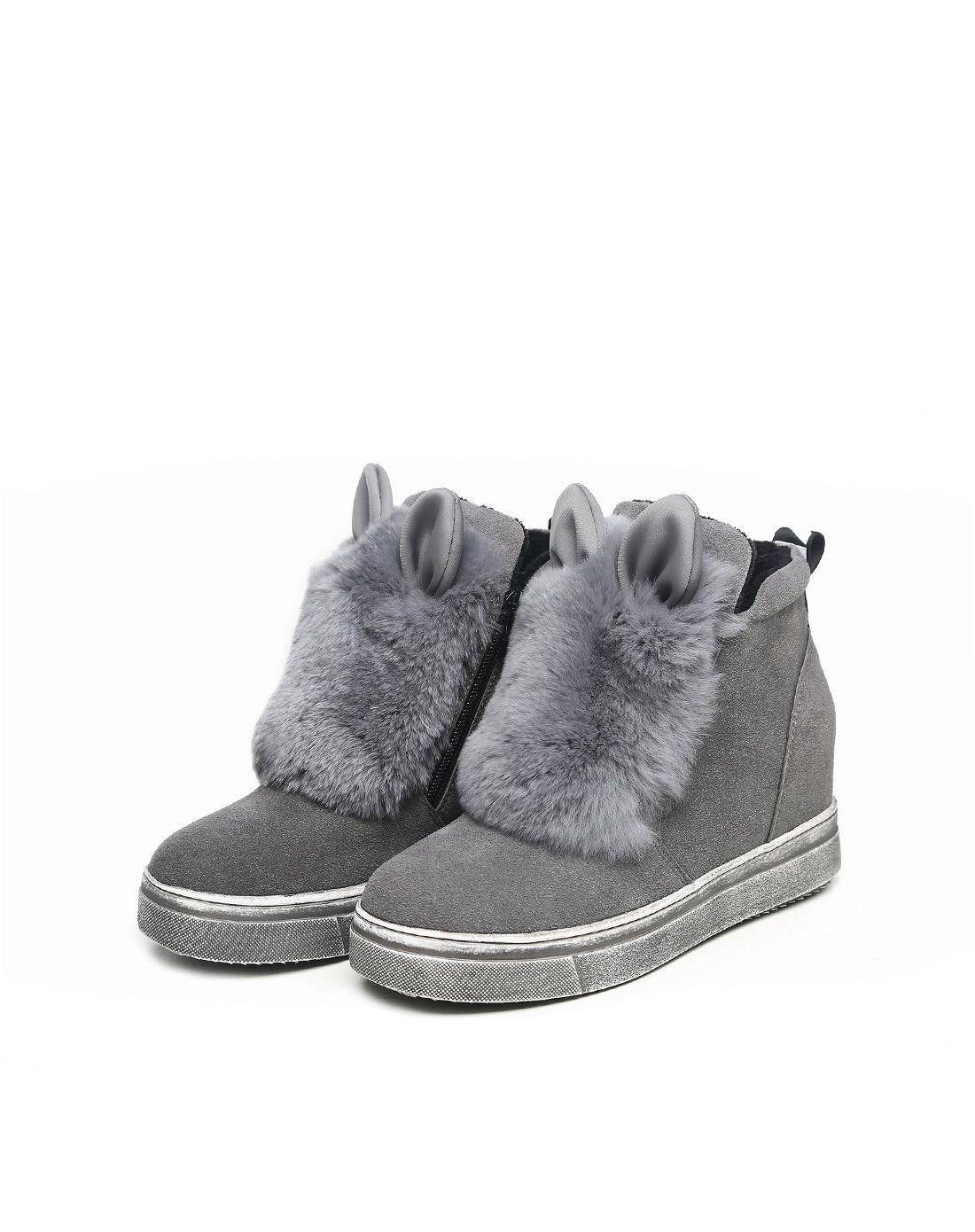 新款内增高趣味兔耳朵装饰灰色獭兔毛高帮鞋
