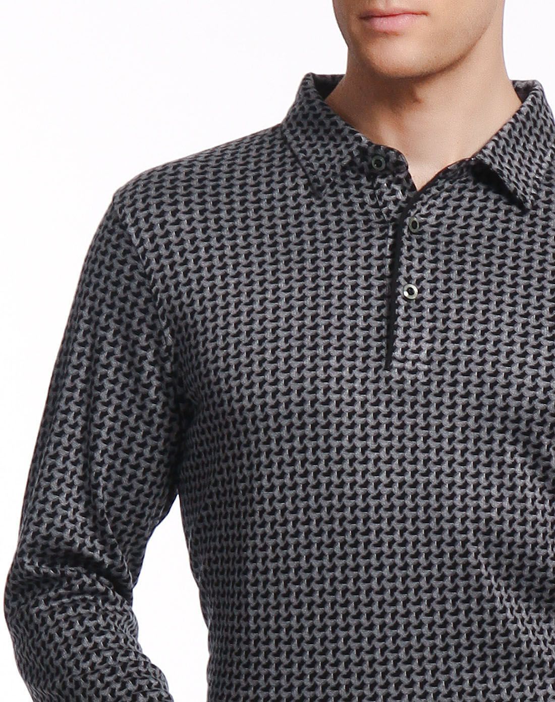 黑灰弯形提花翻领半开襟长袖t恤